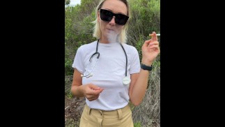 Nurse smokes after work and then caresses herself at home